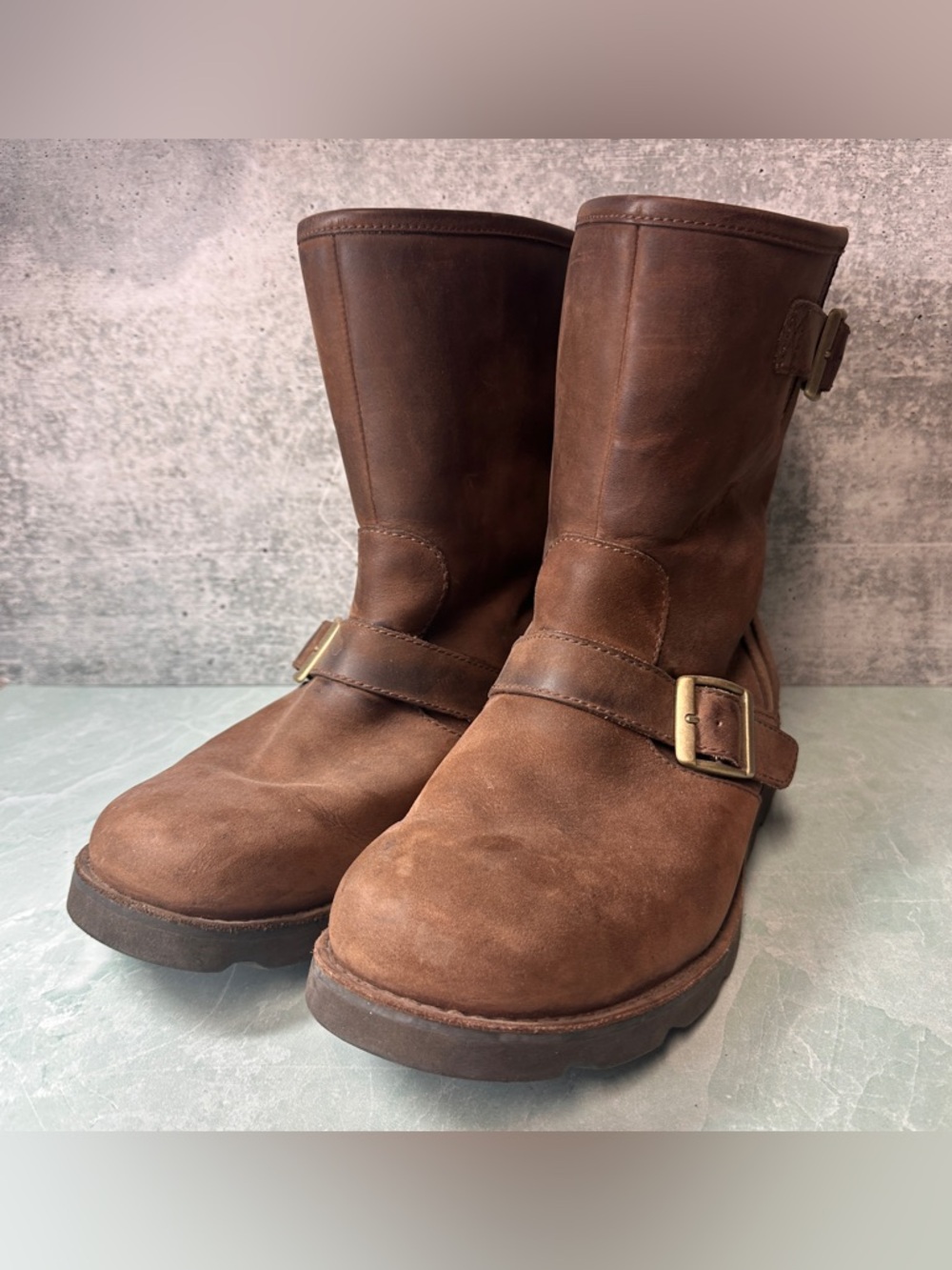 Ugg Brown Leather Buckle Motorcycle Fleece Lined Boots Men’s 9